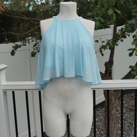 Baby Blue high-neck Flowy crop top - Picture 1 of 4